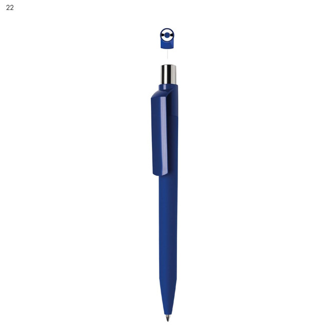 A blue plastic pen with a silver clip and a logo on the top.