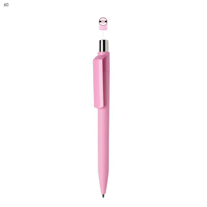 A pink plastic pen with a sleek design and a chrome clip, featuring a logo on the body.