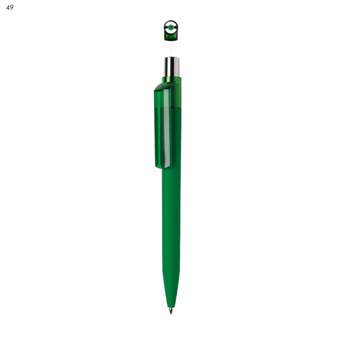 A green plastic pen with a transparent green clip and a silver nib, featuring a branding logo on the clip.