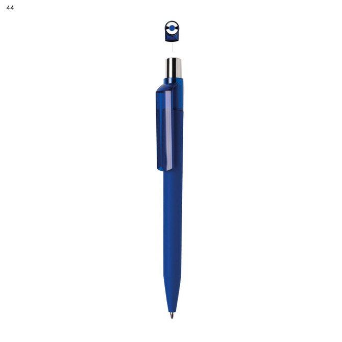 A blue plastic pen with a clear clip and a round cap featuring a logo.