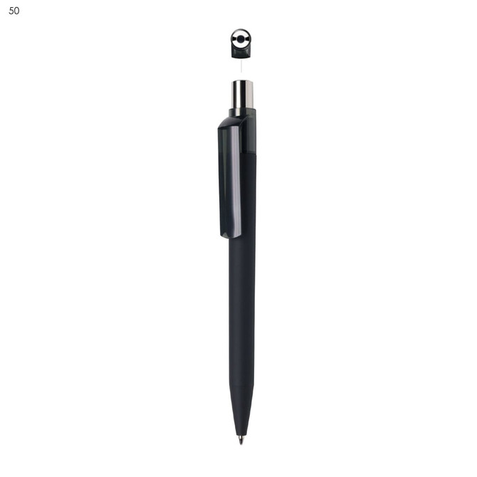 A black plastic pen featuring a sleek design and a clip, with a logo on the top.