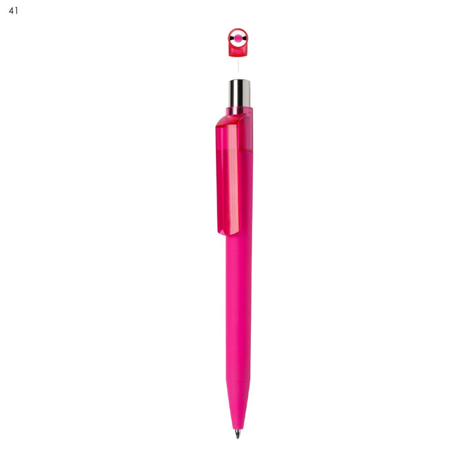A bright pink plastic pen with a clear clip and a logo at the top.
