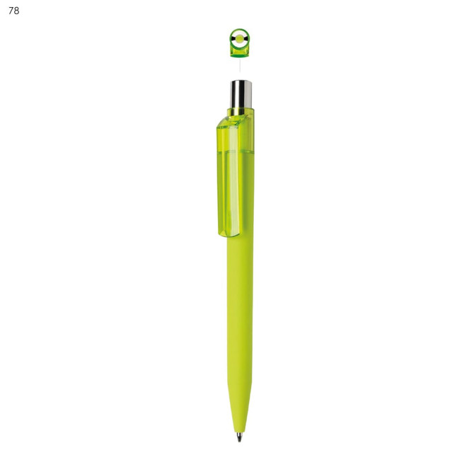 A plastic pen in vibrant neon green, featuring a transparent section and a visible logo on the clip.
