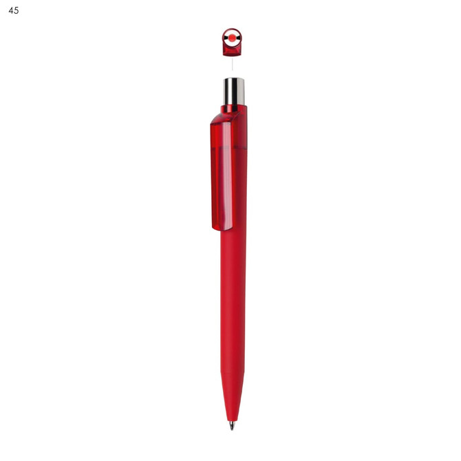 A red plastic pen with a transparent cap and a clip, featuring a logo.