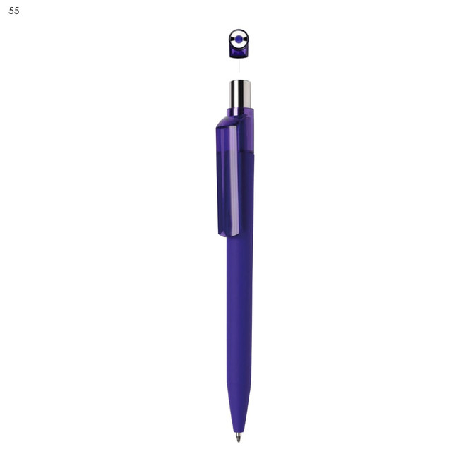 A plastic pen in purple with a clip and a reflective detailing. The pen has a circular logo at the top.