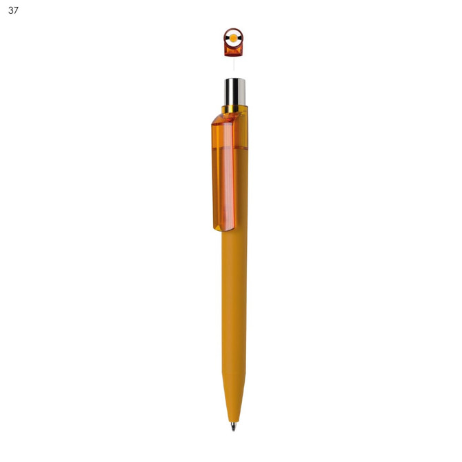 A plastic pen in a vibrant yellow colour with a transparent orange clip and a chrome tip, featuring a logo.