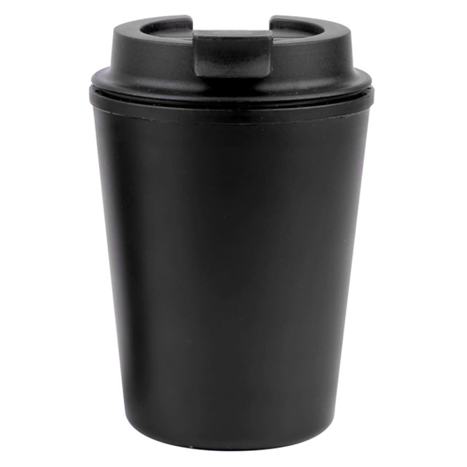A reusable coffee cup in matte black featuring a lid with a drinking opening. It has a logo.
