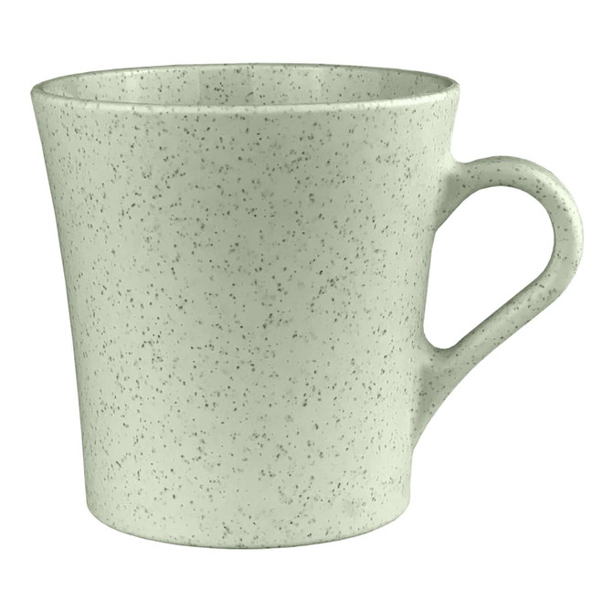 A drink cup in light green with a speckled finish, featuring a curved handle and a smooth surface.