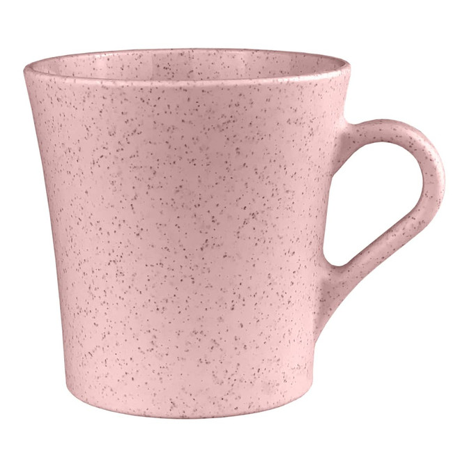 A drink cup in pink with a speckled texture and a handle, featuring a logo on the side.