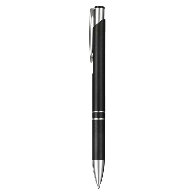 A black ballpoint pen with a sleek design and silver accents, featuring a clip and branding.