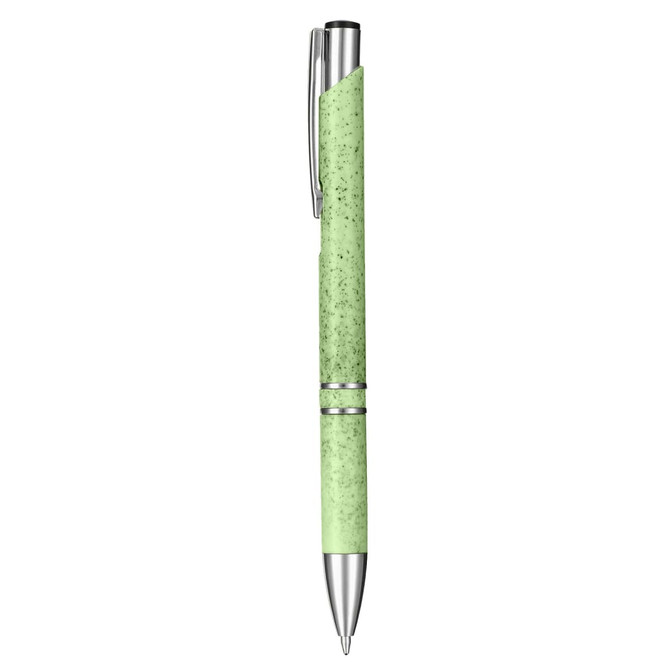 A green eco-friendly plastic pen with a silver clip and detailing. It features a logo on the barrel.