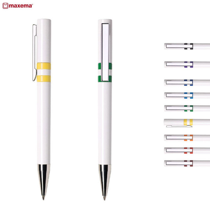 A set of plastic pens in various colours, featuring a white body and a shiny silver tip. One pen includes a yellow and green accent.