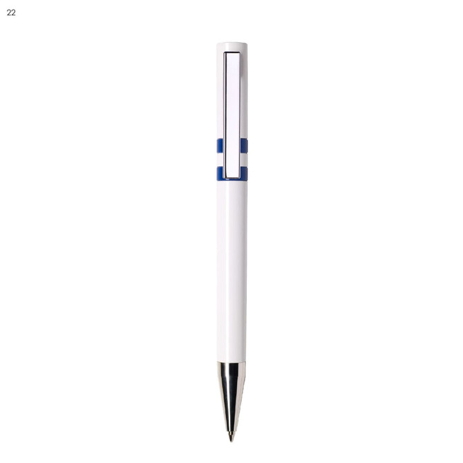 A white plastic pen with a blue accent and a silver tip, featuring a logo on the barrel.