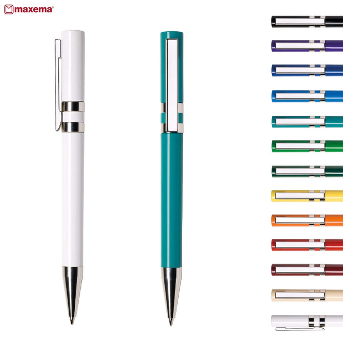 A selection of plastic pens in various colours, including white and teal, featuring silver accents and a logo.