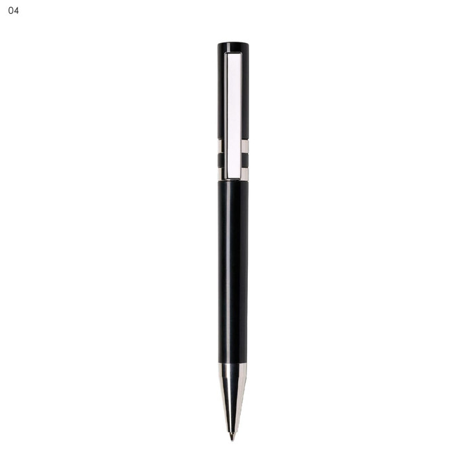 A black plastic pen with a silver clip and accents, featuring a sleek, modern design and a logo.