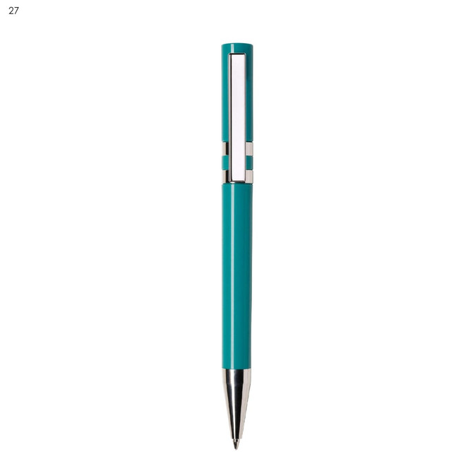 A turquoise plastic pen with a silver clip and tip, featuring a branding logo on the side.