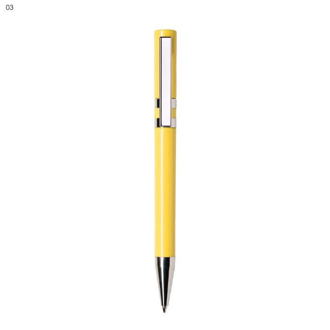 A yellow plastic pen with a sleek design and a silver clip, featuring a logo on the barrel.