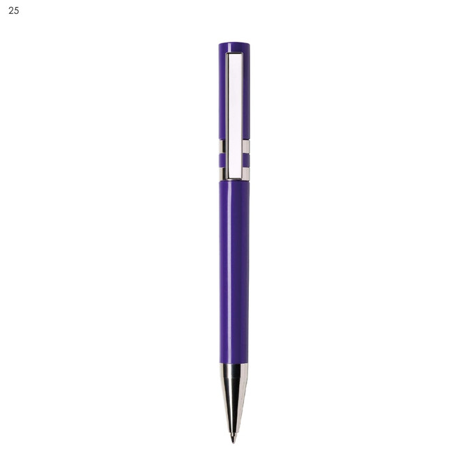 A purple plastic pen with a silver clip and accents, featuring a sleek design and a logo.