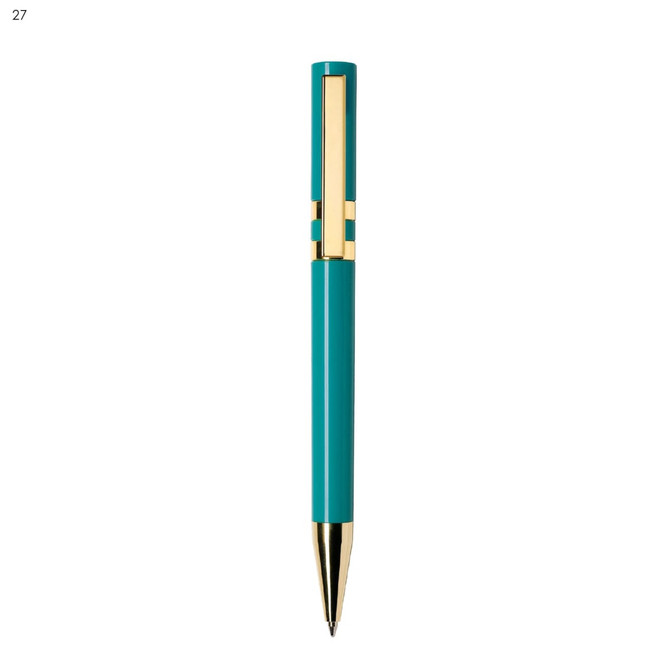 A turquoise metal pen with gold accents and a sleek design, featuring a branding logo.