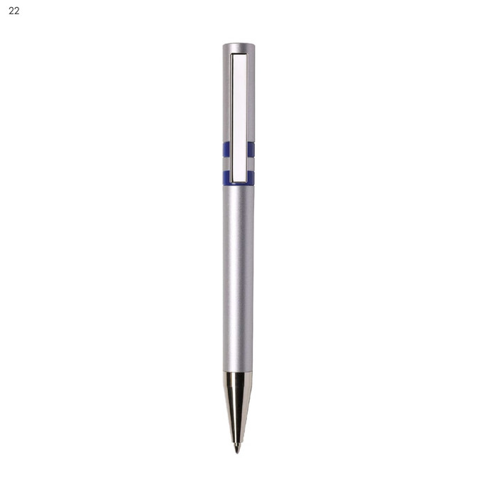 A silver plastic pen with a blue accent, featuring a sleek design and logo.