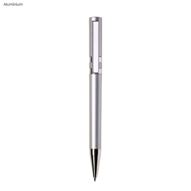 A metal pen in silver aluminium with a sleek design and a logo on the barrel.
