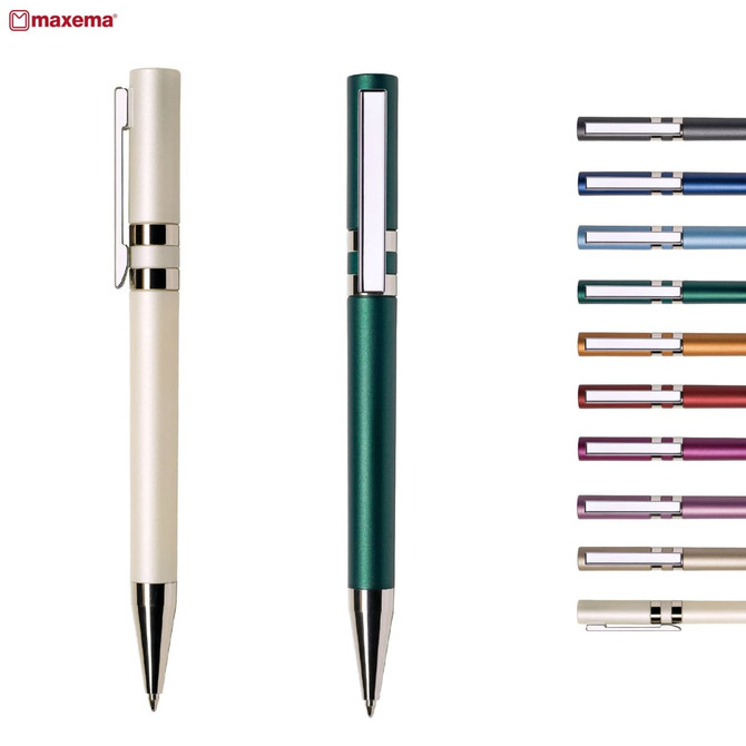Two stylish plastic pens in cream and teal, each featuring a metal clip. Various colours are arranged alongside them.