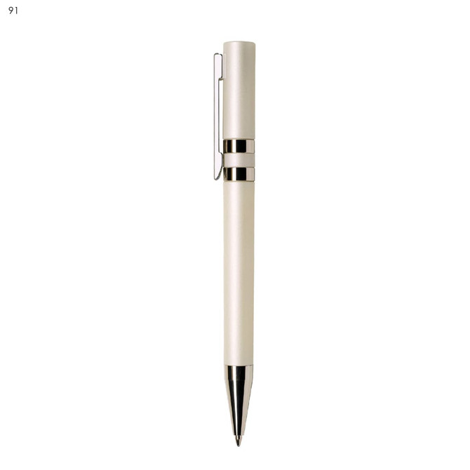 A plastic pen in cream and silver with a sleek design and a clip for easy attachment. It features a logo.