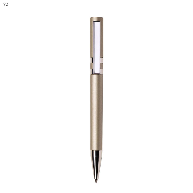 A gold plastic pen with a silver clip and a sleek design. It features a branding logo on the barrel.