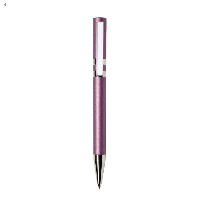 A purple plastic pen with a sleek design and a silver accent. It features a logo on the side.