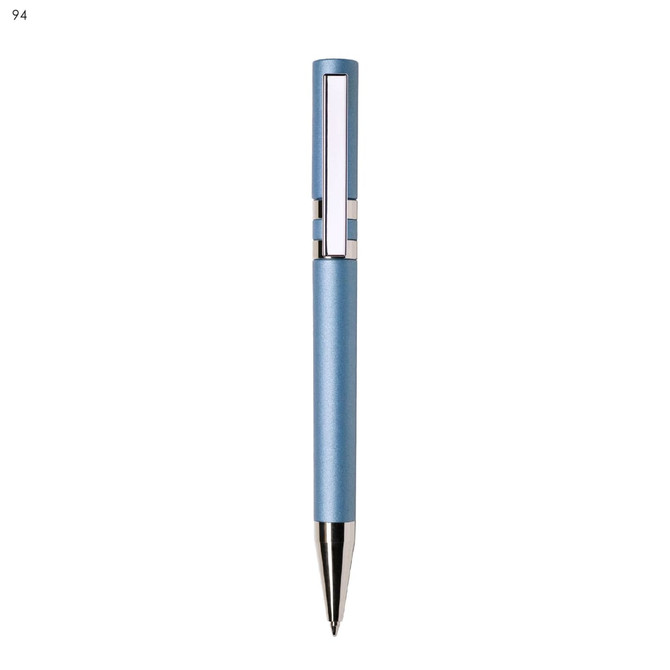 A plastic pen in a light blue colour with a sleek design and chrome accents, featuring a logo.