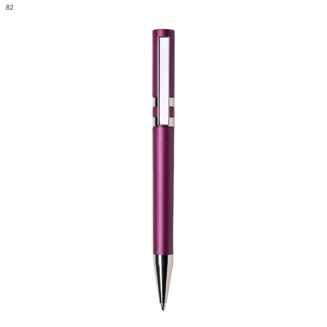 A purple plastic pen with a shiny silver trim and a logo on the body.