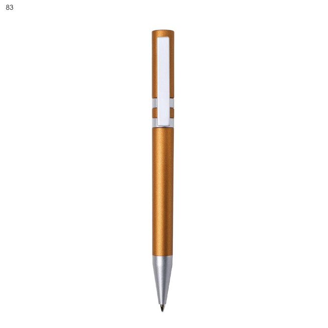 A plastic pen in a gold and silver colour scheme, featuring a sleek design and a visible branding logo.