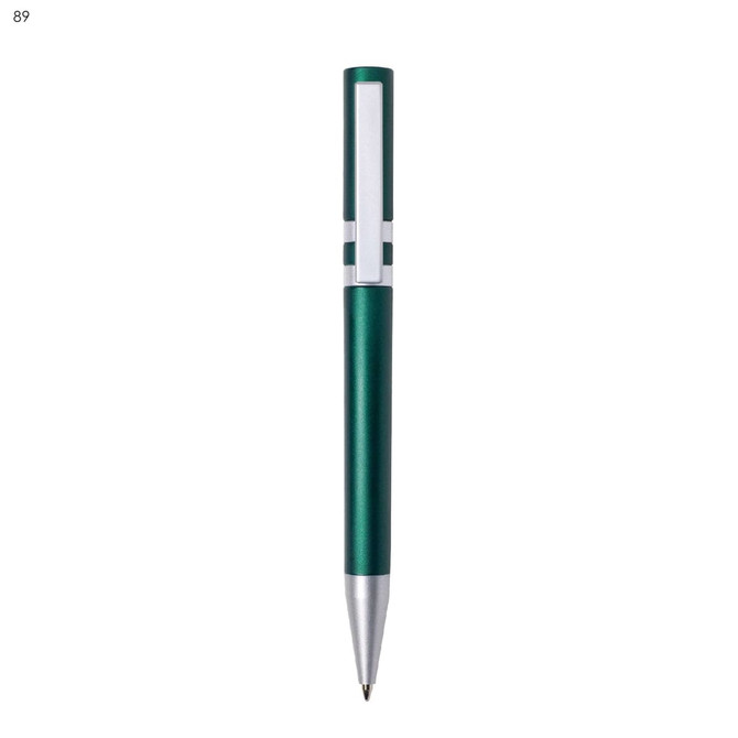 A green plastic pen with silver accents and a clip. It features a logo on the barrel.