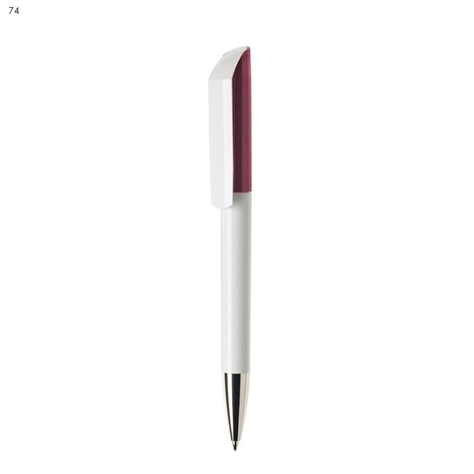 A plastic pen with a white barrel and a maroon top, featuring a silver clip and tip. It has a logo.
