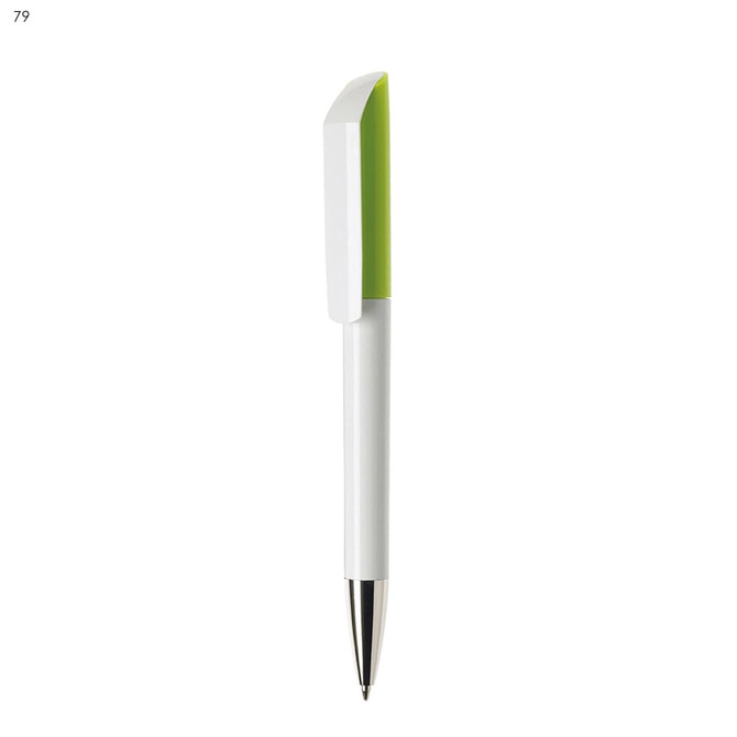 A plastic pen with a white body and a green top, featuring a silver tip and a logo.