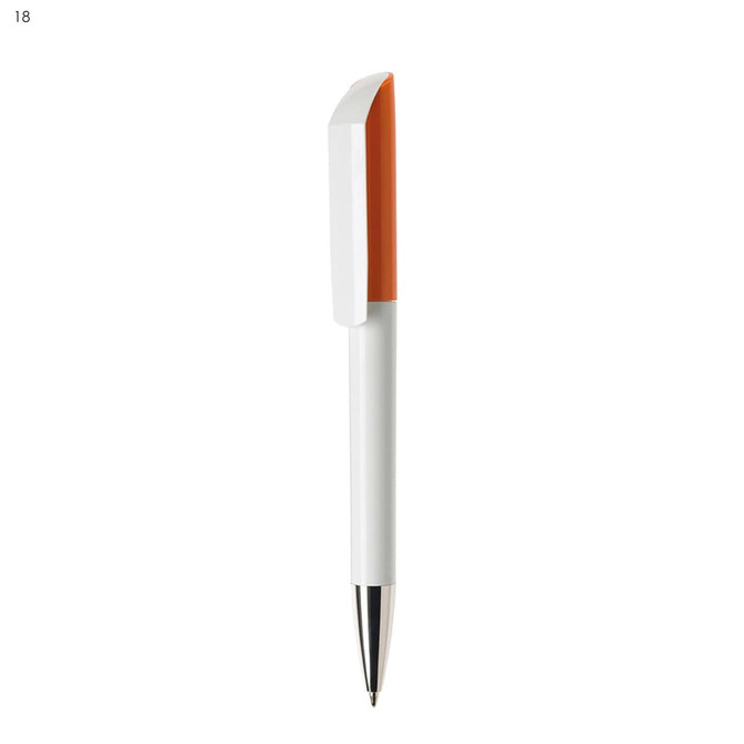 A plastic pen featuring a white body and an orange cap, with a metallic tip. Includes a logo branding.