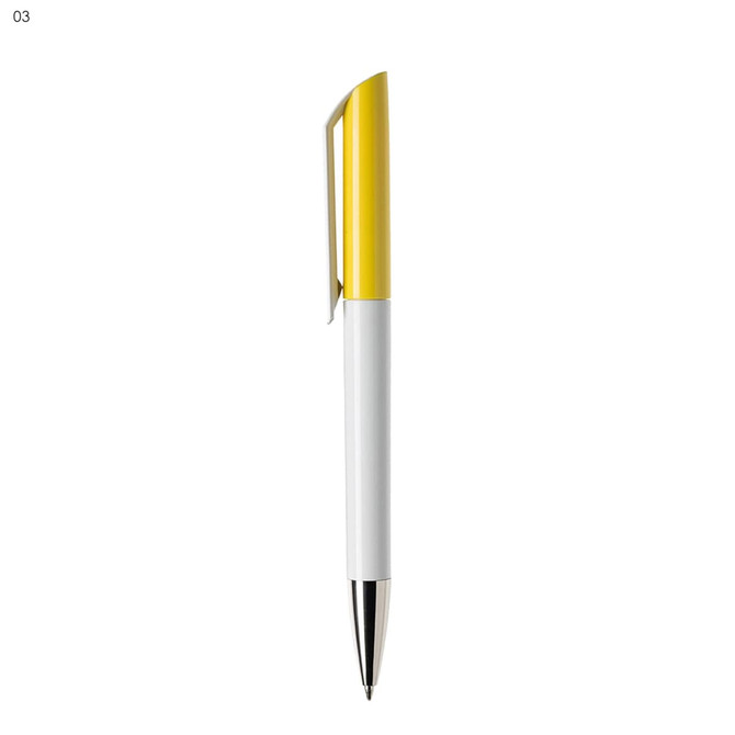 A plastic pen with a white barrel and a yellow cap, featuring a clip and a branded logo.