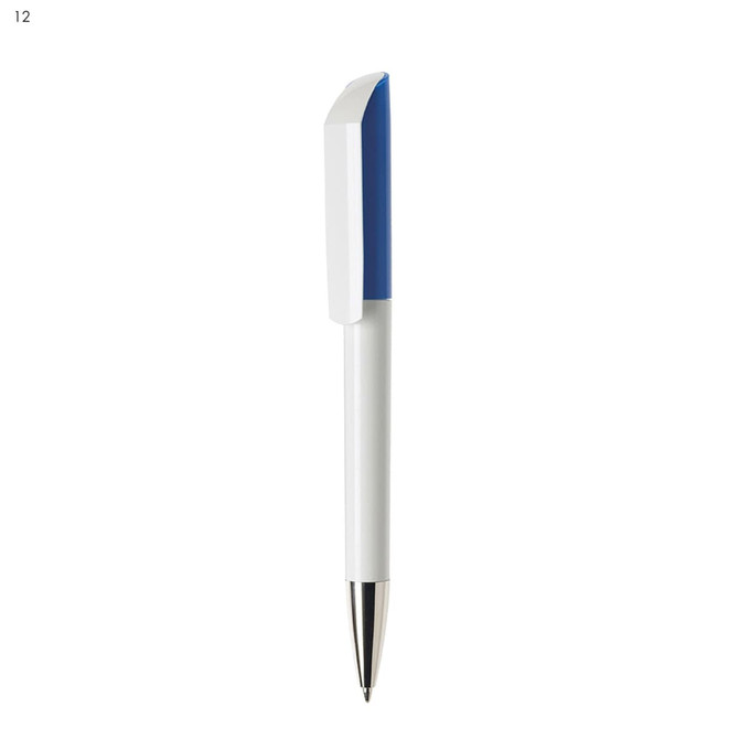 A plastic pen in white with a blue top, featuring a shiny silver tip and branding.