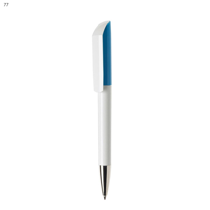 A white plastic pen with a blue top and a metal clip. It features a logo on one side.