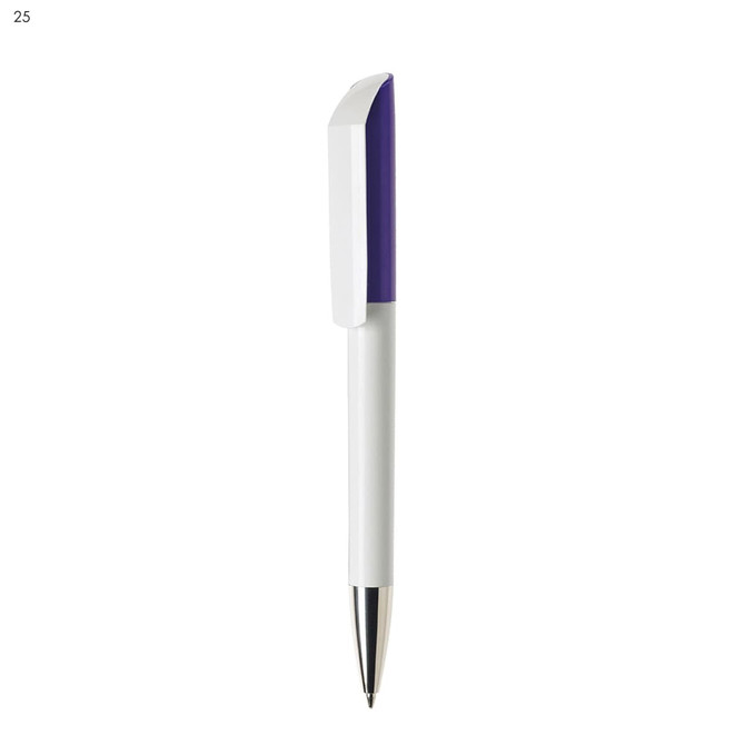 A plastic pen in white with a purple accent and silver tip, featuring a logo.