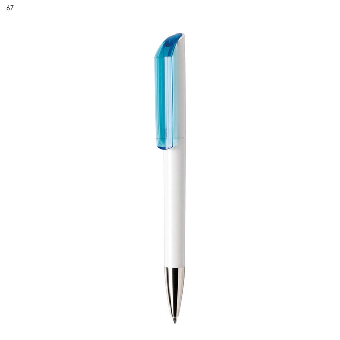 A white plastic pen with a blue translucent cap and a silver clip, featuring a branding logo.
