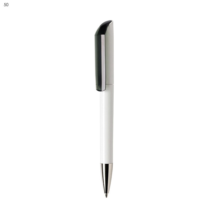 A white plastic pen with a black cap and silver accents. It features a simple design and a logo.