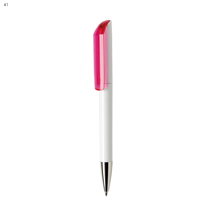 A white plastic pen with a pink cap and silver tip, featuring a branding logo.