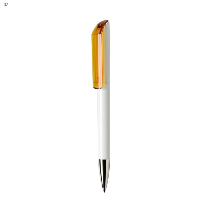 A plastic pen with a white body and an amber cap, featuring a silver tip and a logo.