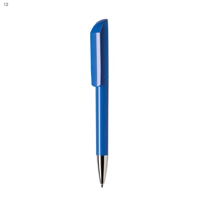 A blue plastic pen with a glossy finish and a silver tip, featuring a branding logo.