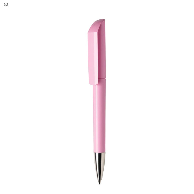 A pink plastic pen with a sleek design and a silver nib, featuring a logo on the body.