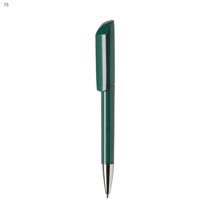 A dark green plastic pen with a sleek design and a metallic silver tip, featuring a logo on the body.