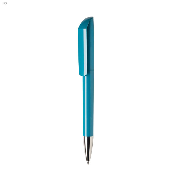 A plastic pen in a vibrant turquoise colour with a sleek design and a silver tip, featuring a logo.