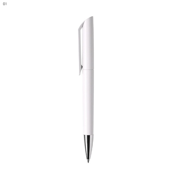 A white plastic pen with a silver tip and clip, featuring a logo on its side.