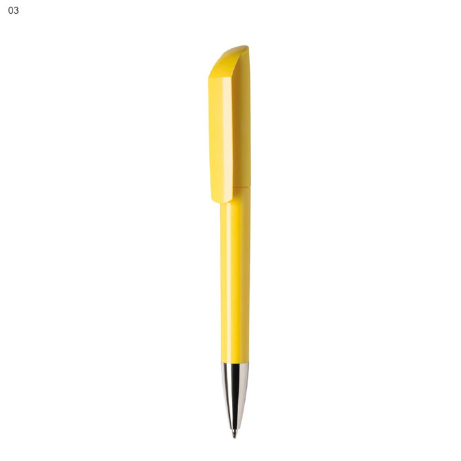 A yellow plastic pen with a sleek design and a chrome clip at the top. The pen has a logo on its body.